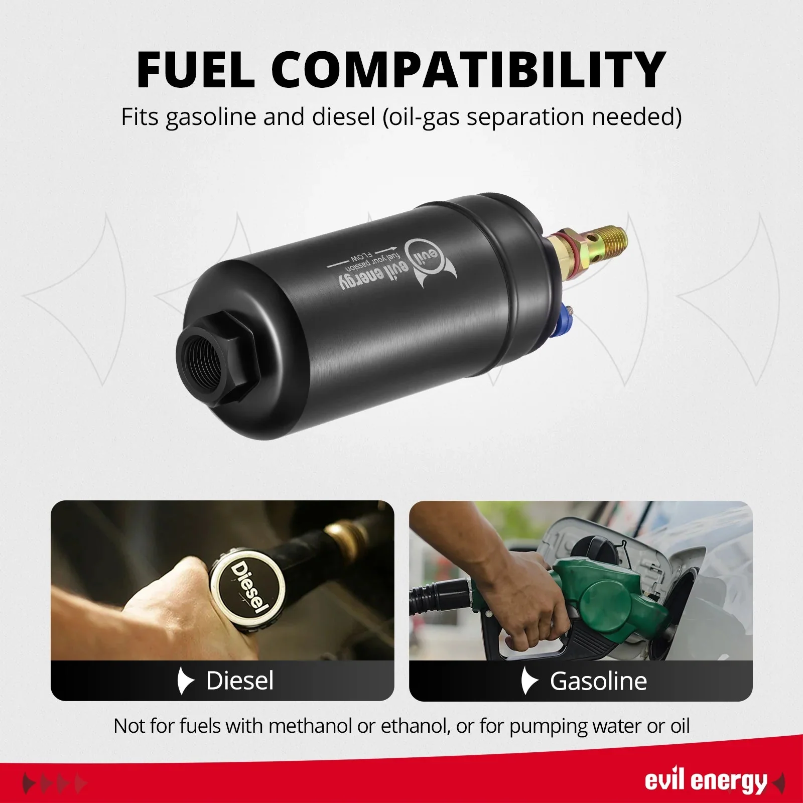 EVIL ENERGY fuel system 300LPH external inline fuel pump kit with AN6 adapter fittings and bracket shown